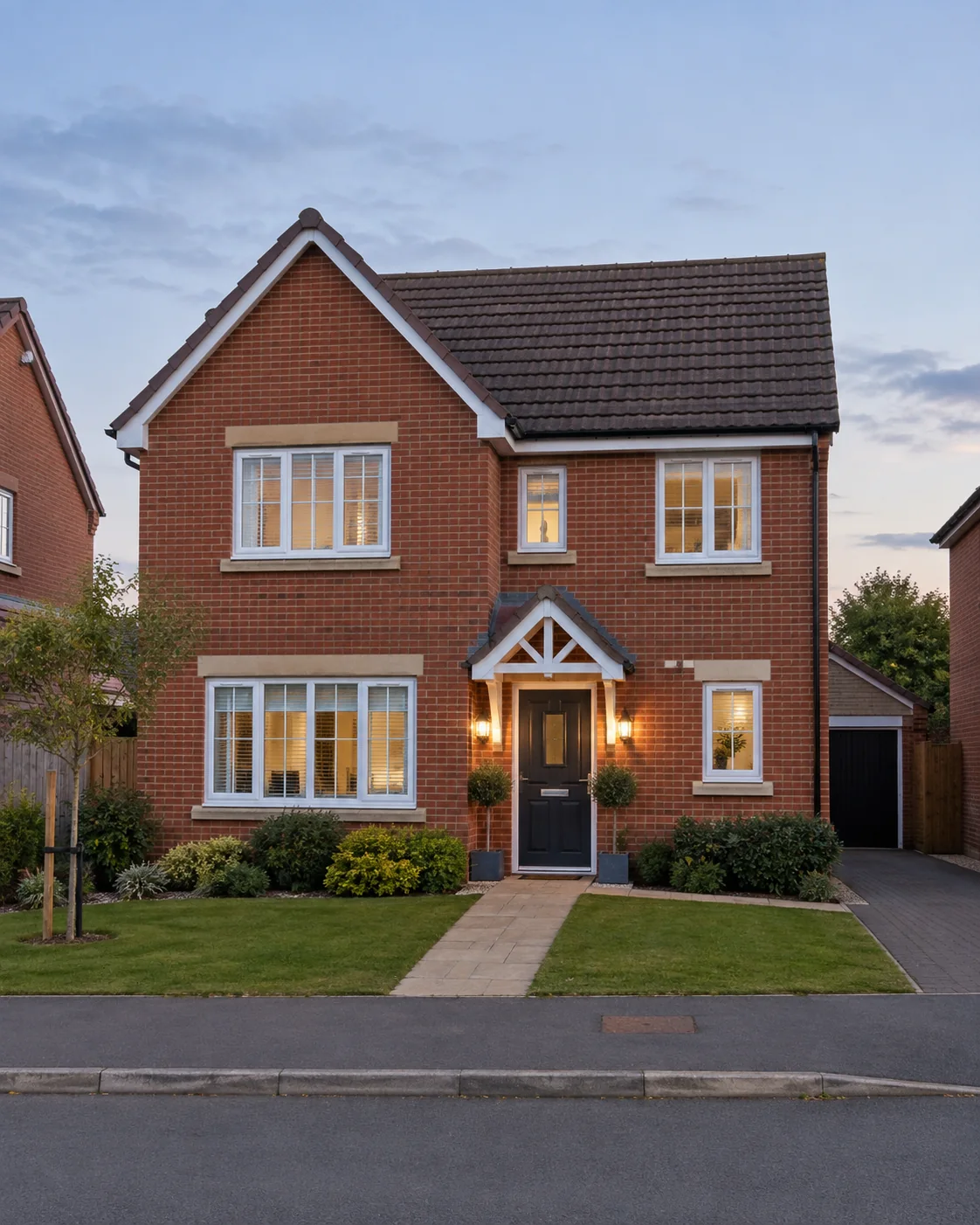 British brick house with warm exterior lighting